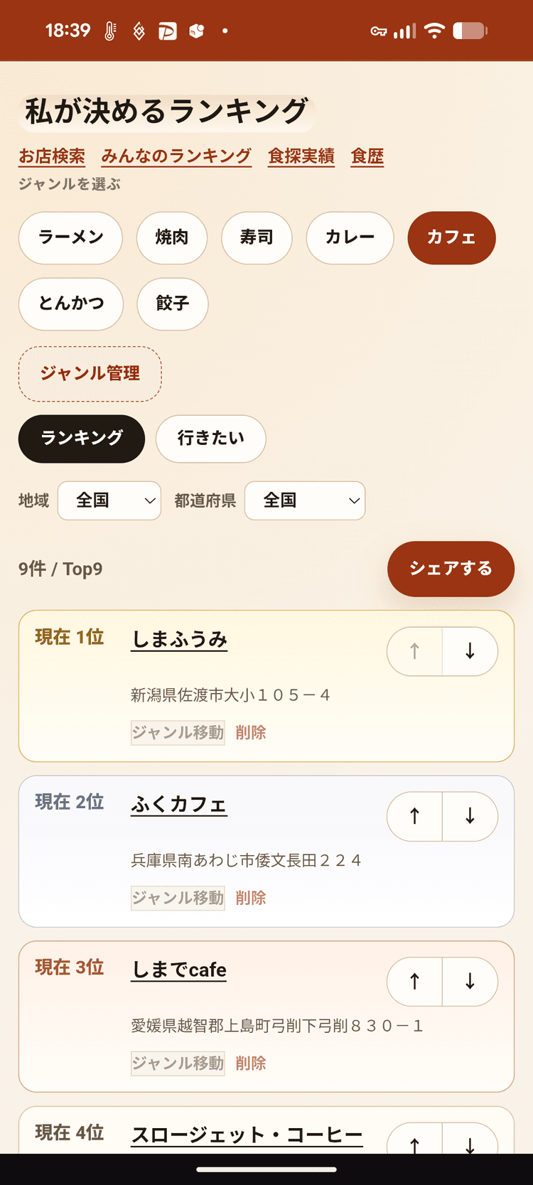 ランキング画面 - 自分のお気に入り店を順位づけ